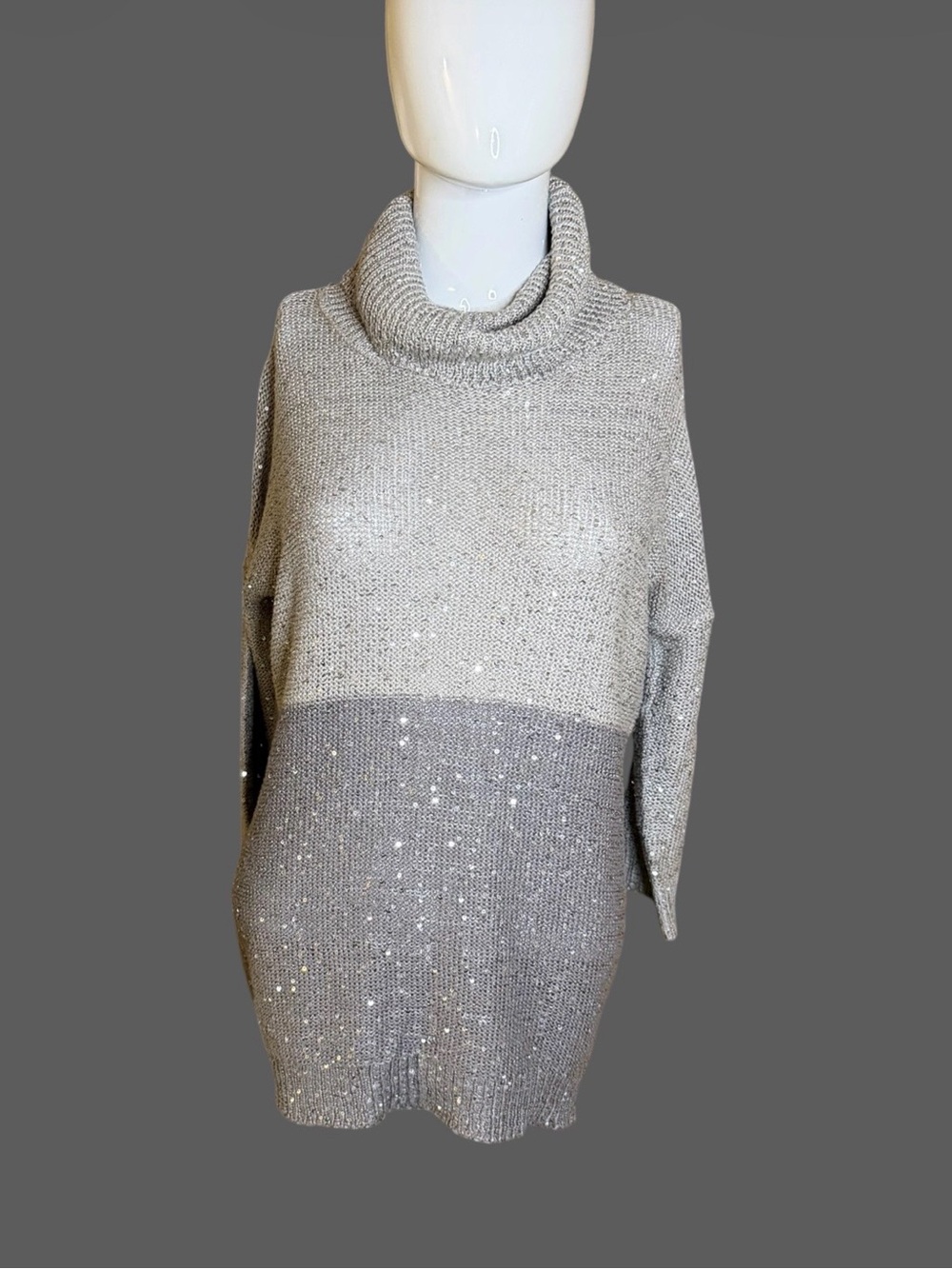 Bellini Two-Tone Gray Sequin Cowl Neck Sweater